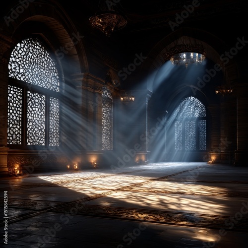 Sunlit Sanctuary: Architectural Marvel with Ornate Windows and Dramatic Light Rays Inside a Temple