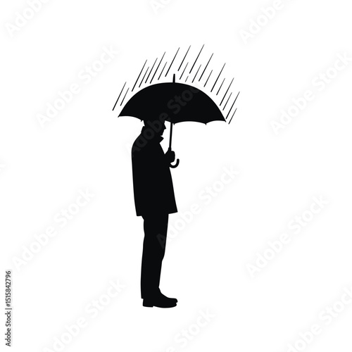Silhouette of a man with an umbrella in the rain rainy weather black and white illustration