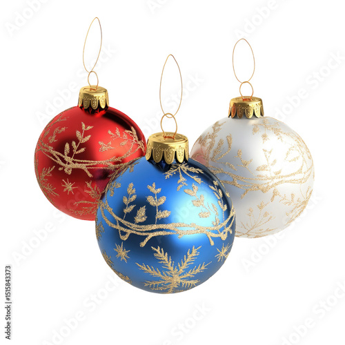 Festive Trio Red with Blue  White Christmas Ornaments on Black Background.