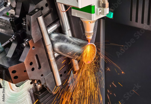 Fotografie Metal tube being shaped with precision laser cutting at a manufacturing facility
