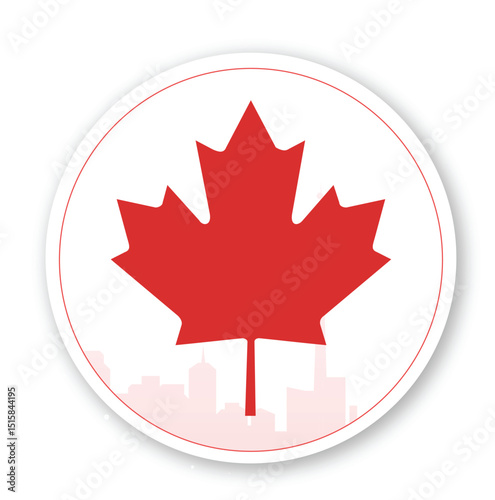 Minimalistic vector illustration of a red maple leaf symbolizing Canada, placed over a city skyline silhouette. Perfect for Canada Day graphics, national celebrations, and patriotic design projects. 