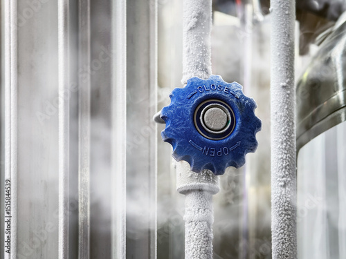 A close-up of a blue valve with nitrogen frost, indicating low temperatures in industrial conditions