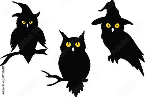 Witch Owls Silhouette Vector Set – Mysterious Halloween Birds with Yellow Eyes and Hats Sitting on Branches for Magical Forest Scenes, Night Illustrations, and Spooky Holiday Decorations