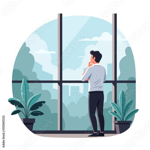 Man Thinking Looking Out Window at Cityscape From Indoor Space