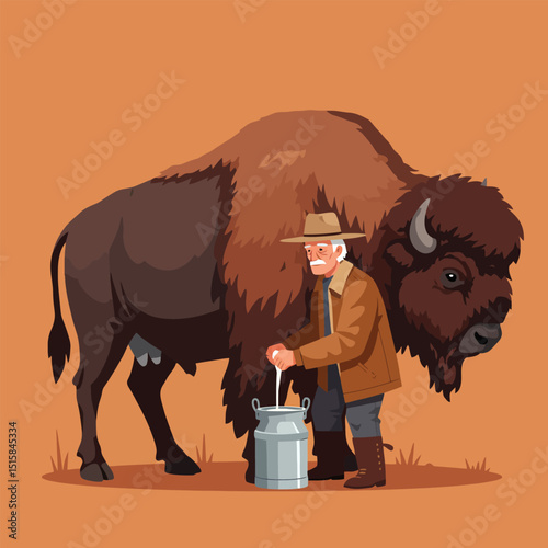 Man Milking Buffalo with Metal Can in Rural Setting Illustration