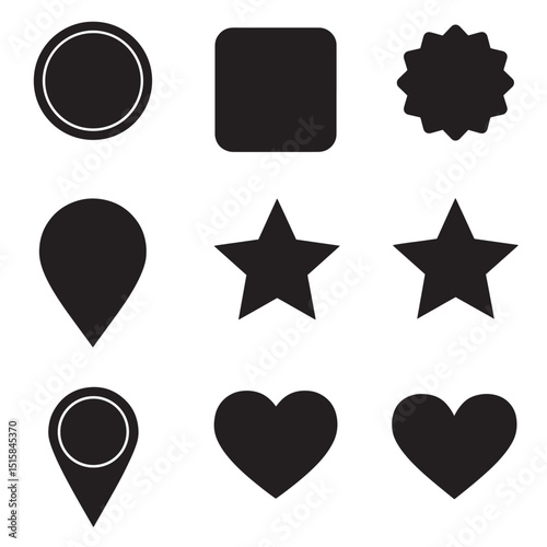 A collection of black icon shapes illustrating basic symbols for web design and user interface elements
