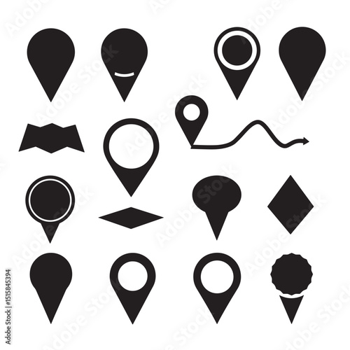Collection of black map pin location icons and symbols for navigation and geographic representation