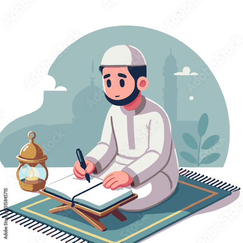 Muslim Man Reading Quran on Carpet with Mosque Background Under Soft Lighting