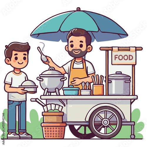 Cartoon Street Food Vendor Serving Customer Under Umbrella With Food Stall