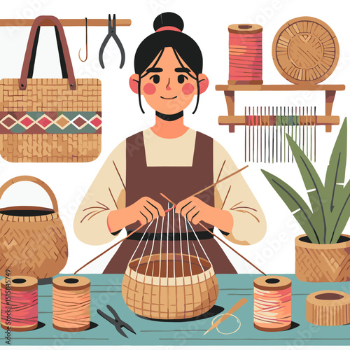 Woman Weaving Basket With Yarn and Various Tools in A Cozy Studio Setting