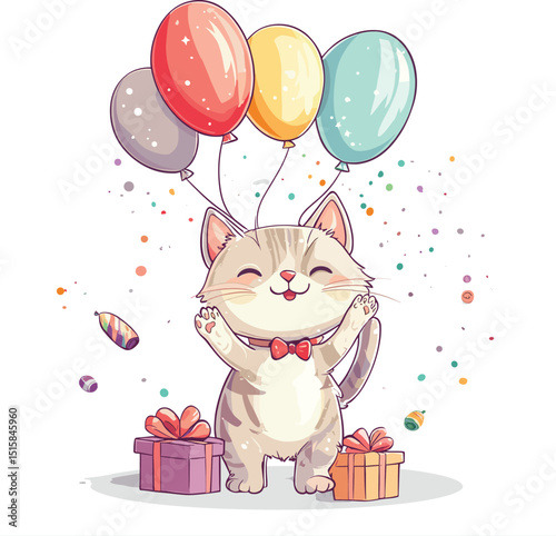 birthday card with a cat and balloons