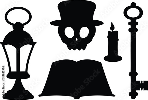 Haunted Objects Silhouette Vector Set – Skull with Top Hat, Candle, Lantern, Key, and Book for Halloween Decor, Mystery Themes, Spooky Graphics, and Gothic Horror Design Projects