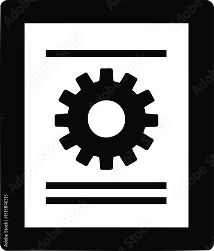 Framed Gear Document Silhouette Vector – Technical Settings File Icon for Software Setup, Engineering Manuals, System Configuration Pages, Maintenance Instructions, and Tech Operations Graphics