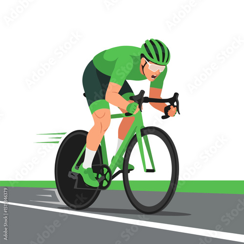 Cyclist Riding Bicycle with Speed and Wearing Green Outfit on Road