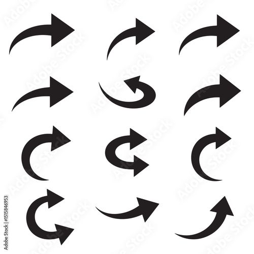 Set of black arrow icons in various curved and straight shapes pointing in different directions on a white background