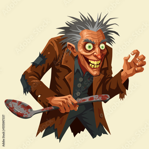 Cartoonish Villain Holding Spoon Splattered with Red Liquid with Evil Smile