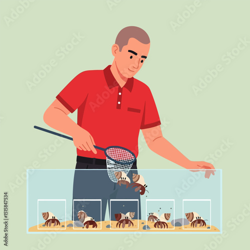 Person Catching Crab with Net From Aquarium Tank Illustration