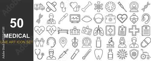 50 Minimal Line Art Vector Icons Representing Essential Medical and Healthcare Elements Including Hospitals, Medicine, Doctors, Equipment, and Telehealth Tools for Digital and Print Projects