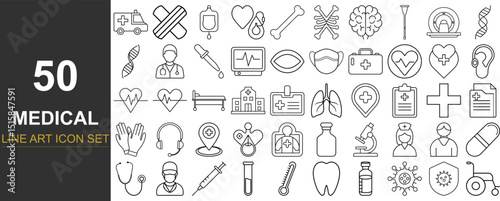 50 Clean Line Art Icons Covering Healthcare Services, Emergency Tools, Medical Staff, Digital Health, Vaccines, and Laboratory Equipment for Apps, Infographics, and Educational Use