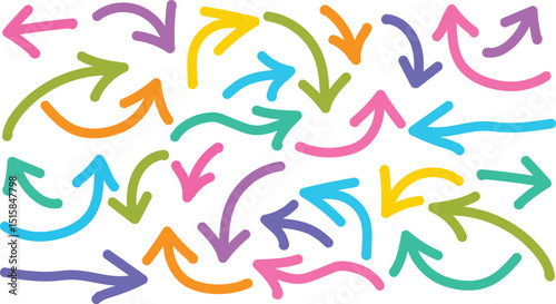 Colorful hand drawn arrows set in pastel marker style. Sketchy curved direction symbols for infographic, note design, highlighter emphasis. Fun vector scribble on white background.