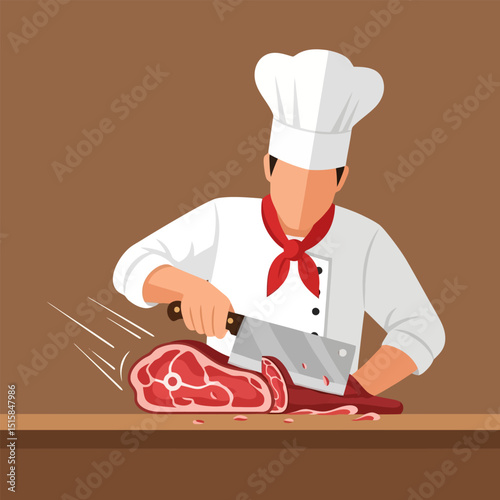 Chef Cutting Raw Meat with Cleaver on Wooden Board Surface