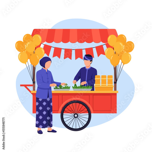 Food Vendor Selling Traditional Dishes From Cart with Balloons