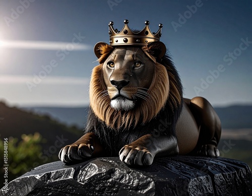 A majestic cartoon lion with a fluffy mane, wearing a crown, sitting on a rock 