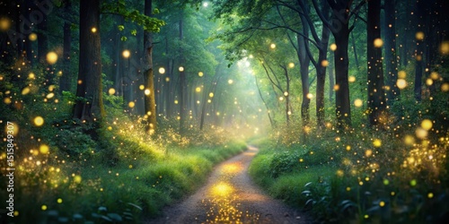A serene forest path illuminated by soft ethereal glow from fireflies and twinkling stars above , Glowing