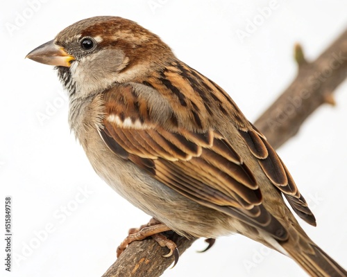A cute small female house sparrow perches on a branch in nature, showcasing its brown and grey feathers