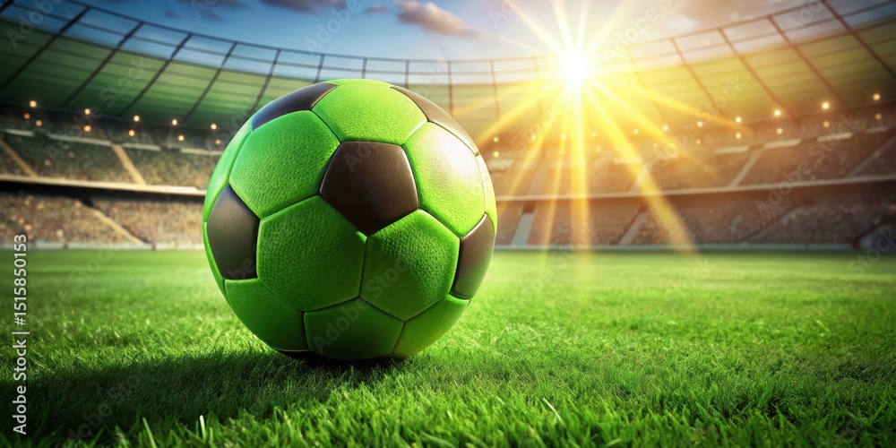 Fototapeta premium Green soccer ball on lush green lawn of outdoor stadium with sunlight filter through trees, field, soccer ball, field,soccer ball