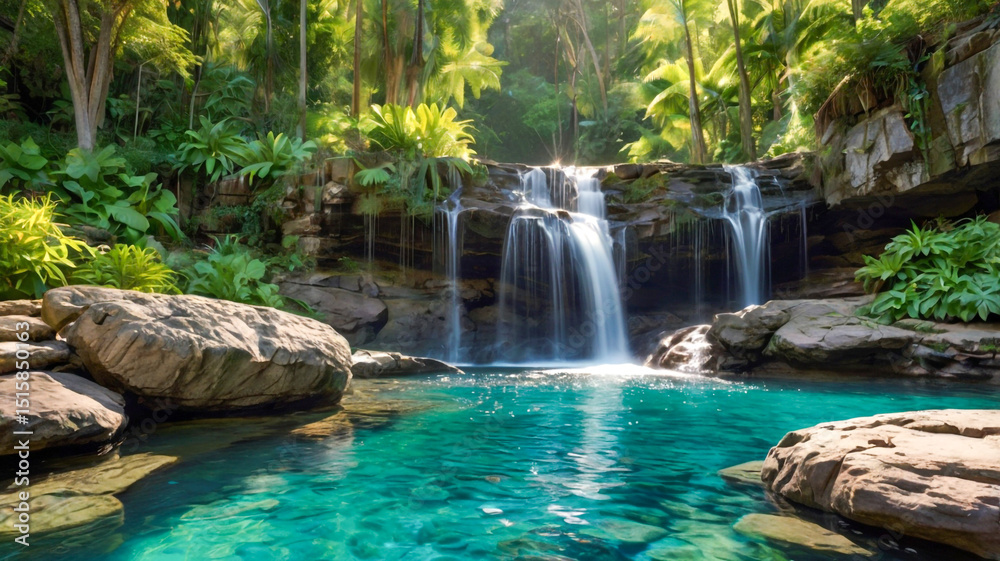 Naklejka premium Serene waterfall in lush tropical paradise