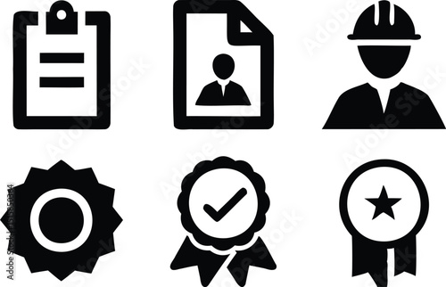 Certification and Award Silhouette Icon Set – Badge, Clipboard, ID, and Worker Helmet for Compliance Graphics, Safety Standards, Employee Evaluation, Construction, and Industrial Design Projects