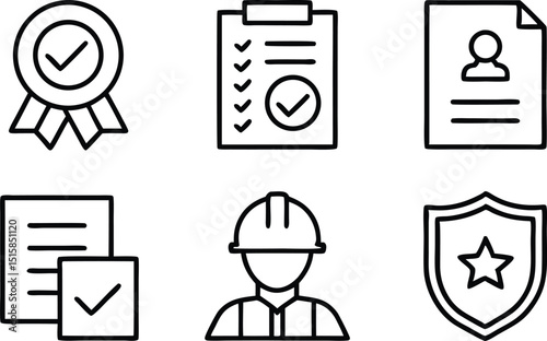Compliance and Certification Outline Icon Set – Checklist, Worker Helmet, Shield, Badge, and Documents for Quality Control, Industrial Standards, Workplace Safety, and Project Management Graphics