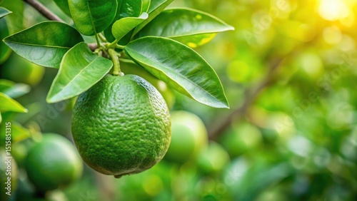 A green citrus fruit with leaves on the branch, growing on a lush tree in a garden , green, fruit