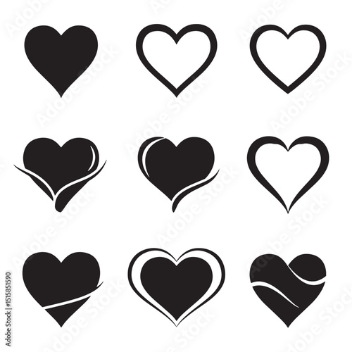 Collection of black heart vector icons in various designs and styles for love and romance concepts