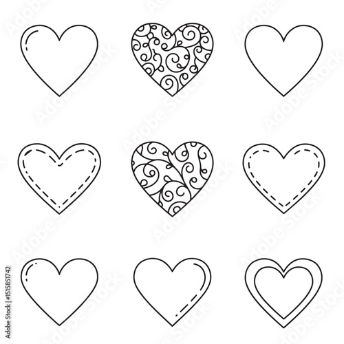 Collection of line art heart illustrations with varied styles for valentines day and love concepts