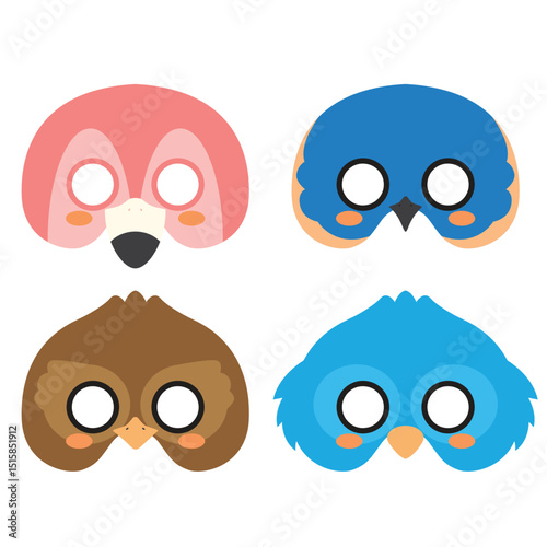 Set Cute Bird Birthday Mask Flat Design Cartoon Icon Illustration