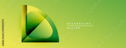 Abstract graphic design features layered green shapes. Gradient background transitions from yellow to light green. Minimalist style, modern aesthetic.