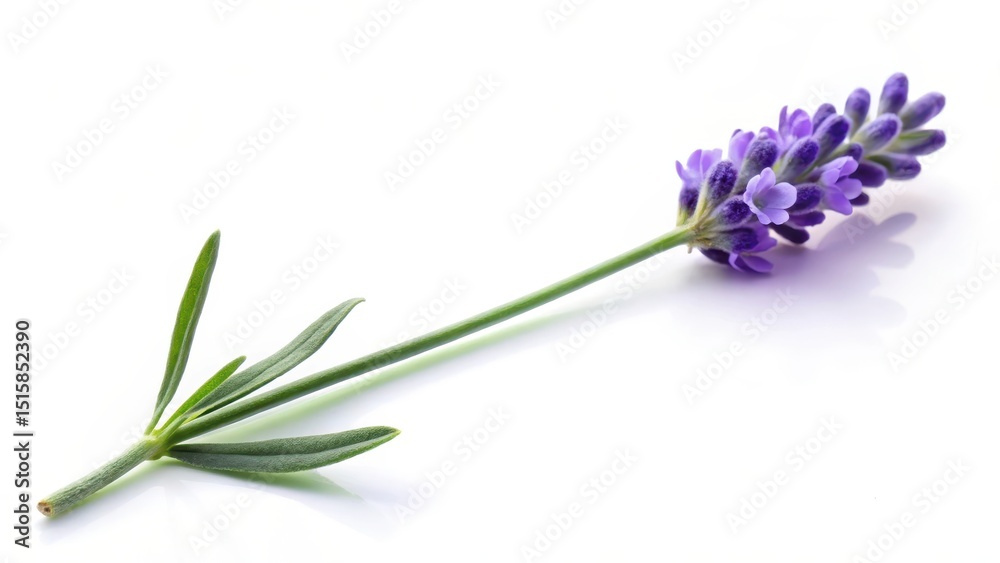 Obraz premium A single isolated lavender flower with long green stem and delicate purple petals, placed on a soft white background, lavender flower, purple flowers