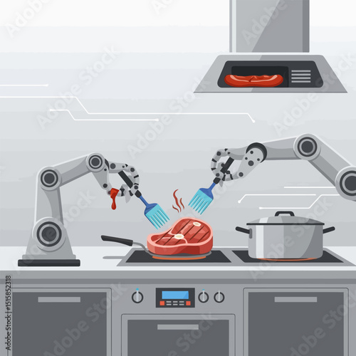 Robotic Arms Cooking Steak with Brushes in Modern Kitchen
