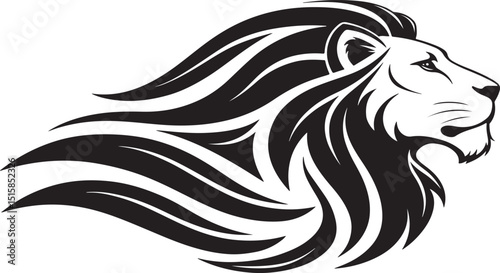 Majestic Lion Head with Flowing Mane - Striking Black and White Vector Illustration