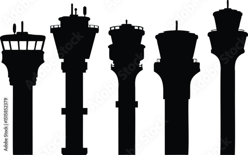 Airport Control Tower Silhouette Vector Set – Collection of Air Traffic Towers for Aviation Infrastructure Graphics, Airport Design Projects, Travel Themes, and Aviation Industry Icons
