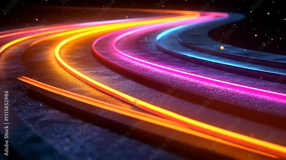 Neon Light Streaks on a Road Surface with Sparkling Particles Background Animation Neon Light Streaks on a Road Surface with Sparkling Particles Background Animation