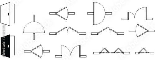 Set of doors for floor plan top view. Architectural kit of icons for interior project. Door for scheme of apartments. Construction symbol, graphic design element, blueprint, map. Vector illustration