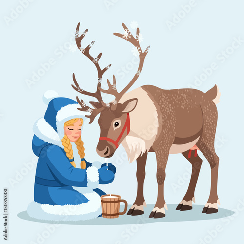 Woman Feeding Reindeer Milk From Wooden Mug in Winter Scene