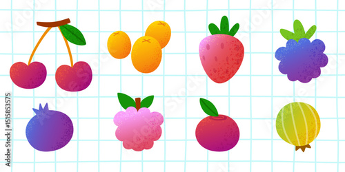 Cartoon berries set. Textured bright vector berries collection.