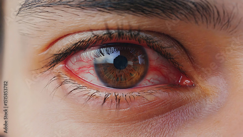 Close up off conjunctivitis infeced red eye, Red eye suffering from allergy. Conjunctivitis or other eye disease concept
