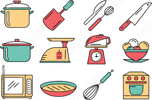 Colorful Cooking and Kitchen Tools Icons Illustrations. Kitchen Utensils and Cooking Tools Colorful Icons. Modern Cooking and Kitchen Icons in Bright Colors. Colorful Kitchen Tools and Cooking
