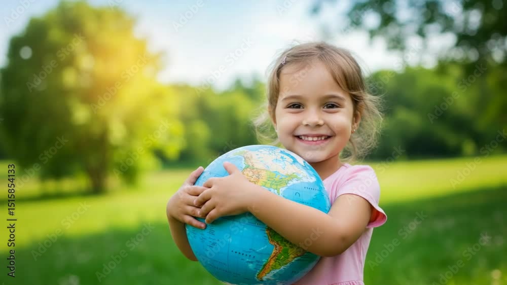Smiling girl hugs a small globe outdoors. Smiling girl hugs a small globe outdoors.