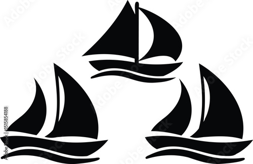 Sailboat Silhouettes Vector Set – Elegant Boat Icons on Waves for Nautical Designs, Summer Travel Graphics, Sailing Club Branding, and Ocean-Themed Projects